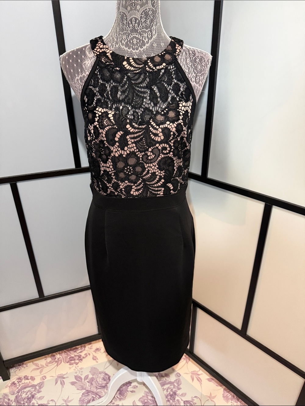 NWOT - Enfocus Studio Black Lace Midi Dress with Nude Underlay
